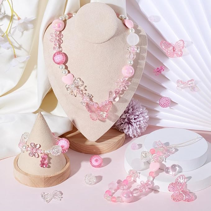 FASHEWELRY Pink Acrylic Pony Beads Assorted Heart Candy Flower Bear Beads Gummy Cute Pastel Bead Bulk for Bracelets Necklaces Key Chains Jewelry Making, 70pcs