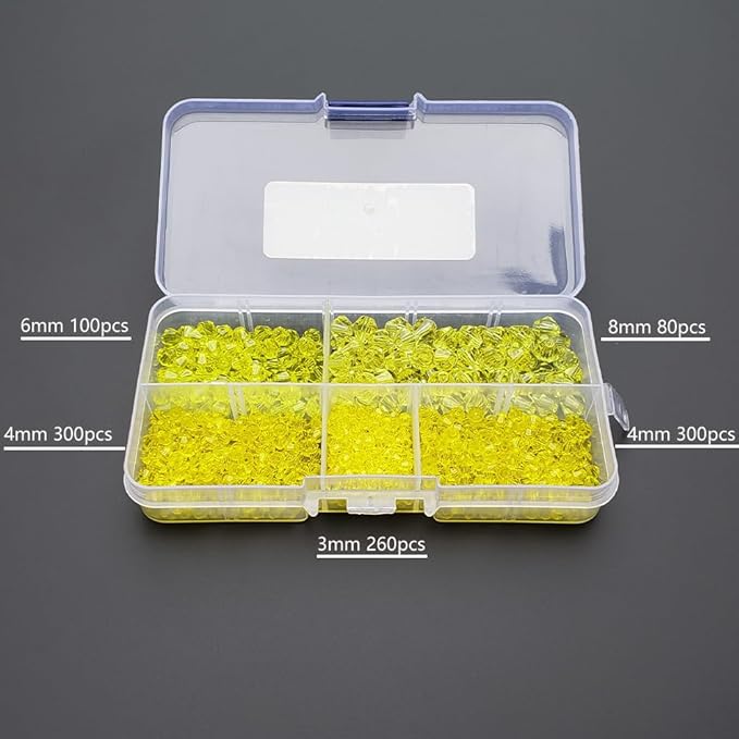 Yellow Bicone Glass Beads for Jewelry Making, Faceted Crytal Spacer Beads for Bracelet Necklace Earring (3mm 4mm 6mm 8mm Mixed Sizes, 1040pcs)