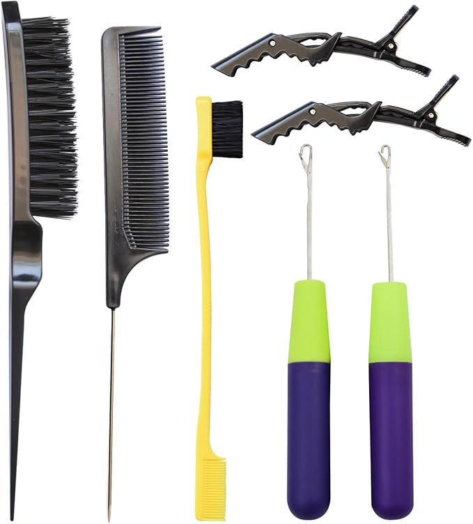 Crochet Hook for Hair Tool Set with 2 Pcs Crochet Needle, 1 Edge Brush, 1 Pointed Comb, 1 Teasing Brush and 2 Pcs Alligator Hair Clips for Hair Braid Extensions
