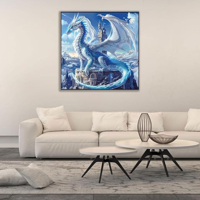 5D Ice Dragon Diamond Art Kits for Adults Beginners, DIY 5D Full Round Drill Diamond Painting Kits Sky King, Paint by Diamonds Dot Gem Art Crystal White Dragon Easy,Home Wall Decor 13.7 X 13.7 Inch