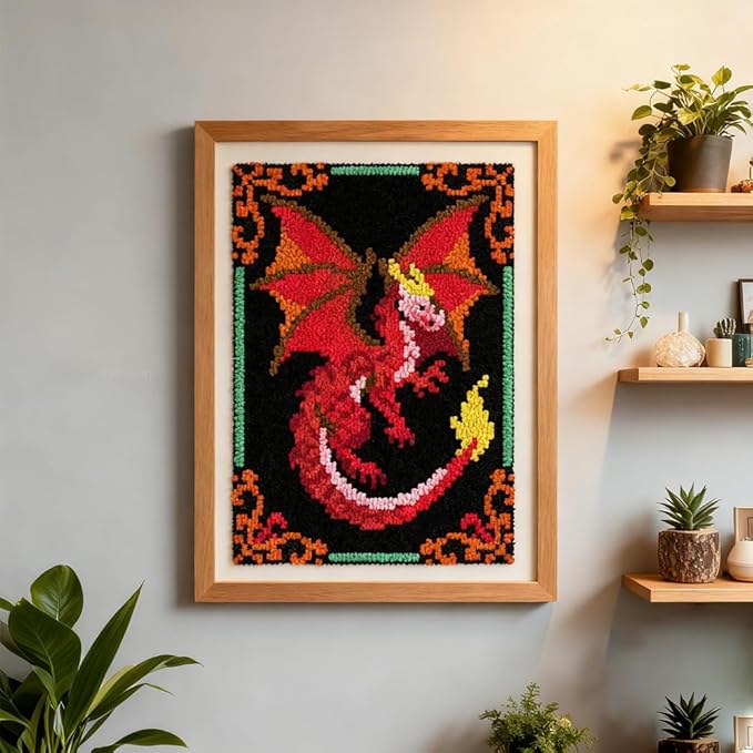 ORIGACH Dragon Latch Hook Rug Kit for Adults Printed Rug Making Kit Handmade Carpet Tapestry Cover with Hook Latch and Preprinted Canvas, Home Arts Crafts Sofa Decor, 20.5x15inch