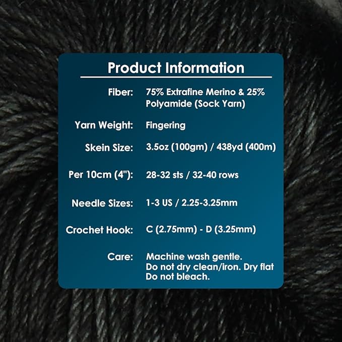 KnitPro Symfonie Fingering Weight Hand Dyed Semi-Solid Yarn Skein | Extra Fine Merino Wool & Polyamide Blend for Knitting & Crocheting, Oeko-TEX Certified 400m, 100g | Terra Black Pepper