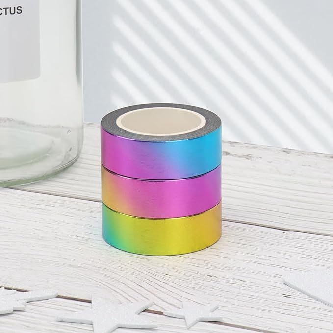 MEI YI TIAN 6 Rolls Solid Rainbow Foil Washi Tape Set 15mmx10m Metallic Paper Adhesive Masking Tapes Holographic Sticky Paper Tape for DIY Scrapbooking Journal Crafts Art Home Decoration