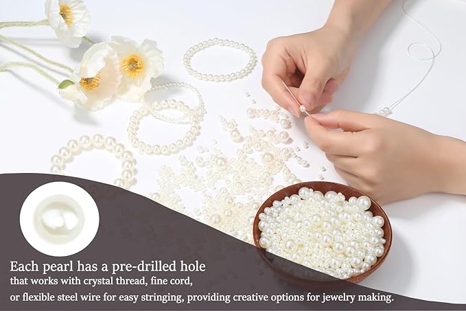 1500Pcs Pearl Beads 5 Size White Pearl Bead for Jewelry Making Crafting Charm Cute Acrylic Small Loose Round Fake Pearls with Hole Beads for Bracelet, Vase Filler, DIY Crafts, Earring