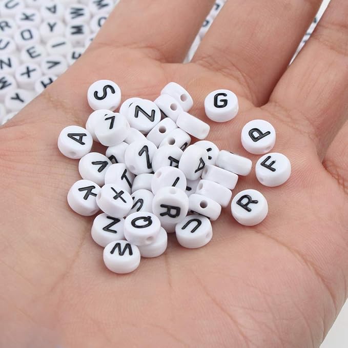 Song Xi 1200pcs White Round Acrylic Alphabet Beads - Black Letter Beads 4x7mm for Bracelets and Jewelry Making Key Chains