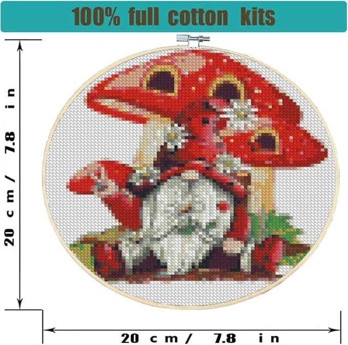 Stamped Cross Stitch Kits for Adults with Frame - Gnome Mushroom Embroidery Kits for Beginners Adults,11 CT Patterns Dimensions Counted Cross Stitch Kits Arts Craft Kits 8 x 8 inch