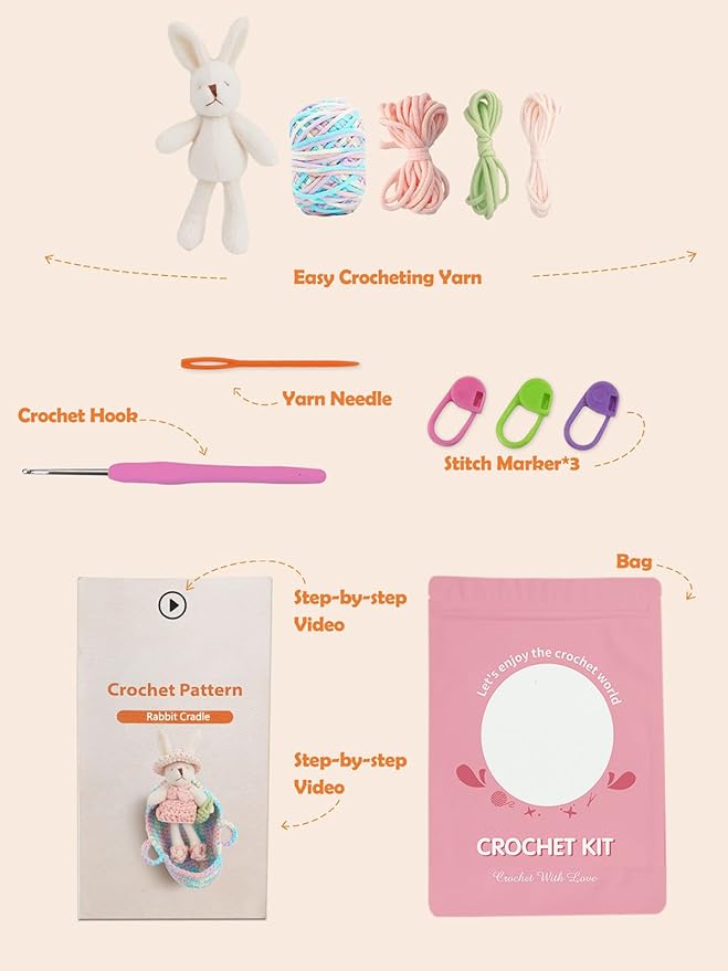Lmrbelec Crochet Kit for Beginners, Crochet Animals Kit for Kids Adults, Rabbit Cradle Knitting Kit with Soft Yarn, Crochet Hook & Step-by-Step Video Tutorials, Crafts & Gift for Teen Girls