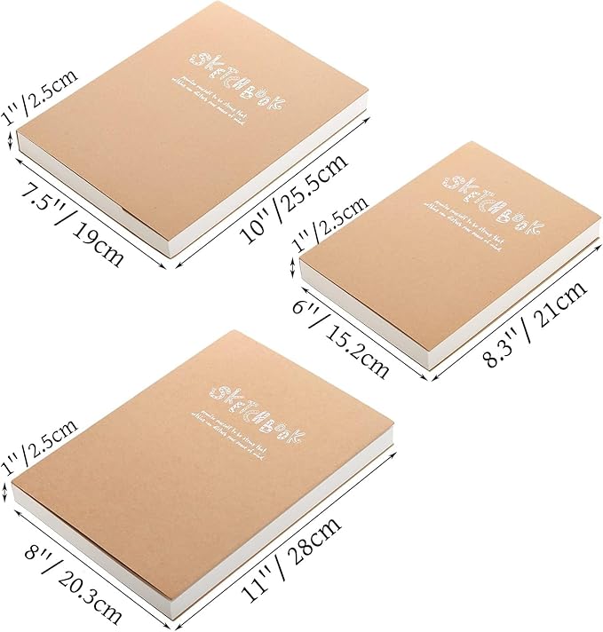 Elsjoy Set of 3 Kraft Sketchbook & Drawing Notebook, A5/A4/B5 Sketch Book Travel Journal Notebook with Thick Paper for Drawing & Sketching, 128 Sheets/256 Pages