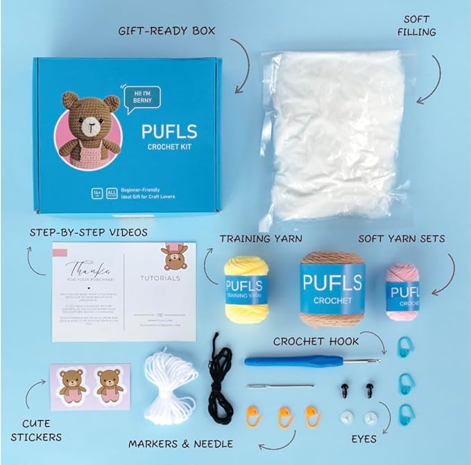 PUFLS Bear Crochet Kit for Beginners Kids, Beginner Crochet Kit for Adults and Kids with Video Tutorials, Crochet Kits with Mini Crochet Animals, Knitting Kit for Beginners and Cute Crocheting Kit