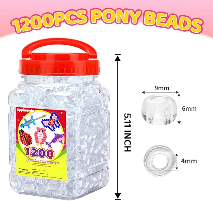 eppingwin 1200pcs pony beads for bracelets, 6x9mm kandi beads for hair braids, easy storage pony bead for jewelry making (clear)