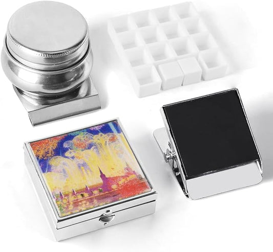 Portable Mini Tin Box 14-Well Empty Watercolor Palette Paint Mixing Tray is a Small Storage Travel Kit with Magnetic Clip and Oil Pot, Perfect for Outdoor Sketching and DIY Painting.Starburst