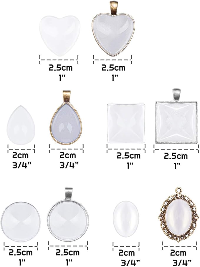 Anezus 60Pcs Pendant Trays, Bezel Pendant Trays Blanks with Glass Cabochons for Pendants Making and Jewelry Making, 5 Styles