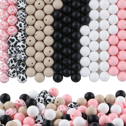 150Pcs Mixed Color 15mm Silicone Beads for Keychain Making, Pink Black Cow Print Silicone Beads for Pens and Bracelet Jewelry Making