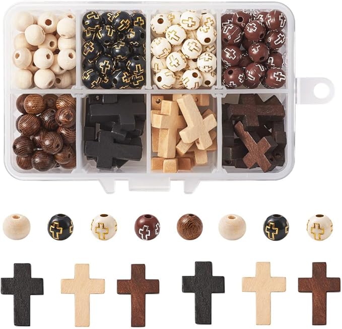 KISSITTY Rosary Making Kit Cross Rosary Beads 8mm Easter Round Wood Acrylic Cross Spacers Cross Pendant Beads for DIY Jewelry Making About 211pcs/box
