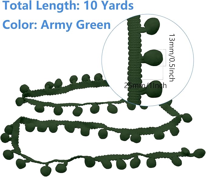 Homiest 10 Yards Pom Pom Trim for Sewing, 1 Inch Wide Army Green Ribbon Bundles Textured Fabric Fringe Ribbon, 13mm Ball Pompom Trim for DIY Crafts Curtain Clothes Pillow Home Decoration