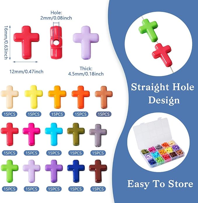 FASHEWELRY 225Pcs Acrylic Cross Beads for Bracelets - Assorted Color Crosses Crucifix Christian Beads Chunky Rosary Spacer Bead for Necklaces, Key Chains, Jewelry Making Easter Supplies