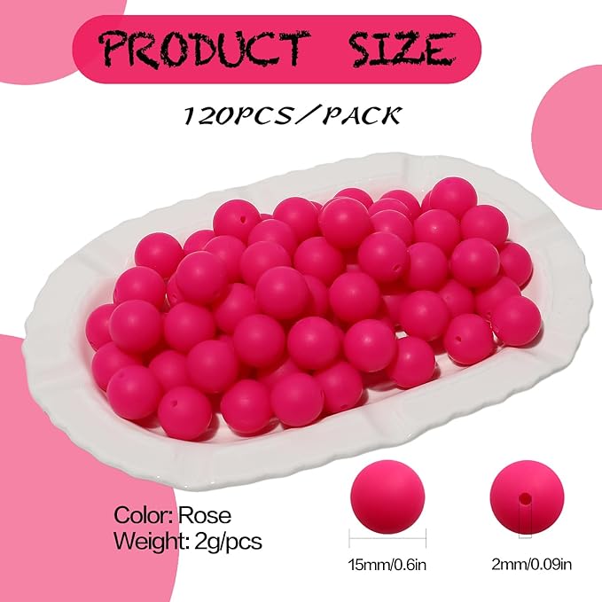 120pcs 15mm Bulk Silicone Beads for Pens, Keychains, Necklaces and Bracelets Making,Assorted Rubber Beads Set (Rose)