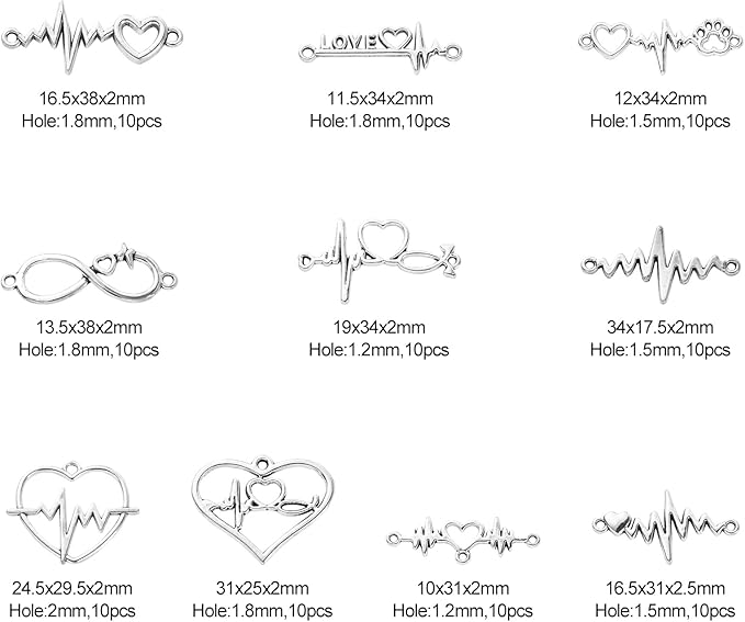 DanLingJewelry 80Pcs 8 Styles Electrocardiogram Charms Mini Heartbeat Linking Connectors Tibetan Heartbeat Charms for Jewelry Making
