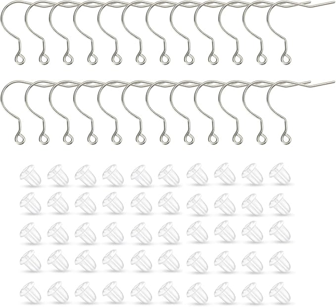 24pcs 20g big pure titanium earring fish hooks with 50pcs silicone earring backs diy earrings findings for jewelry making, hypoallergenic earring hooks making kit for women men sensitive ears