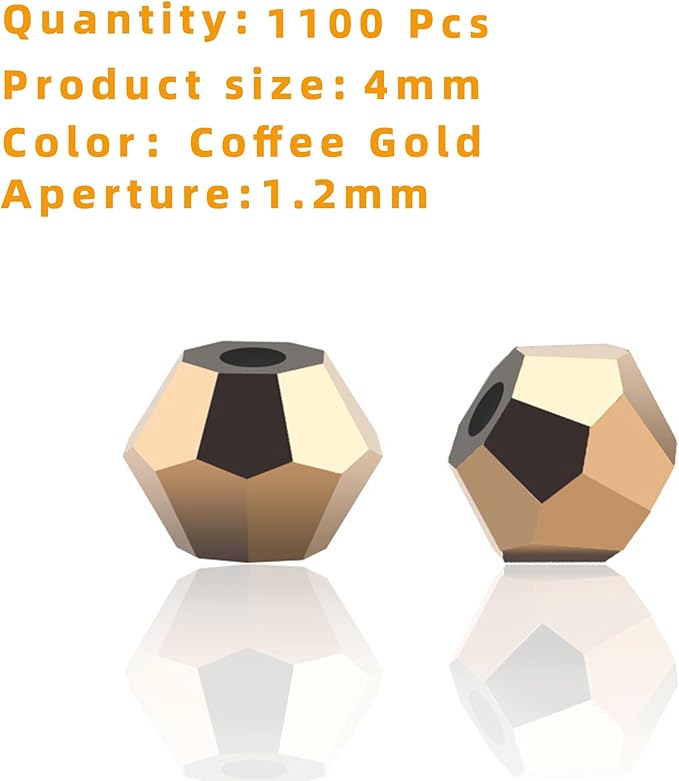 laopottbeads 1100pcs 4mm bicone crystal glass beads for jewelry making, sparkling mini beads for suncatchers, diy bracelets & craft projects (coffee gold)