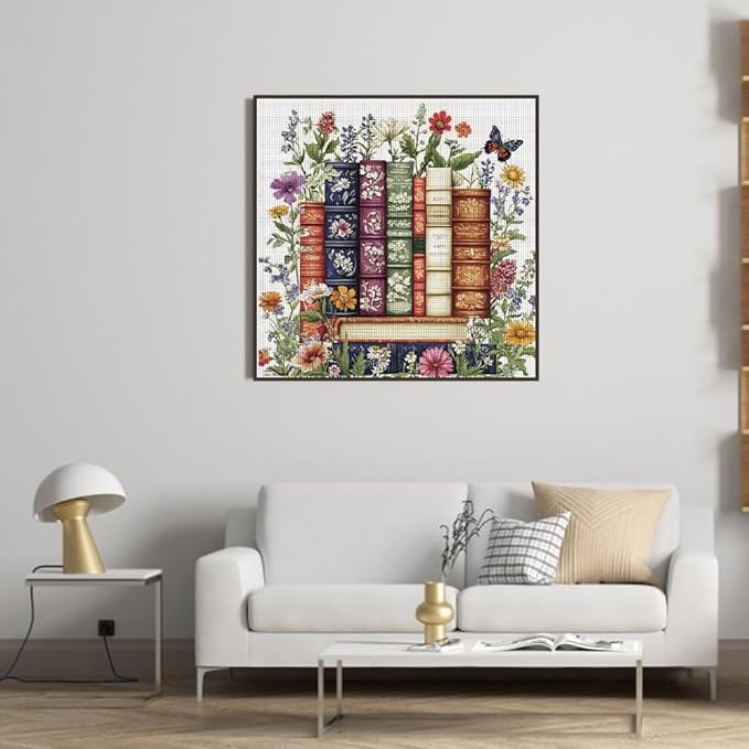 KYOQFVN Flower Stamped Cross Stitch Kits - Book Counted Cross Stitch Kits for Beginners, Needlepoint Cross-Stitch Patterns Dimensions for Home Decor 14×14 Inch