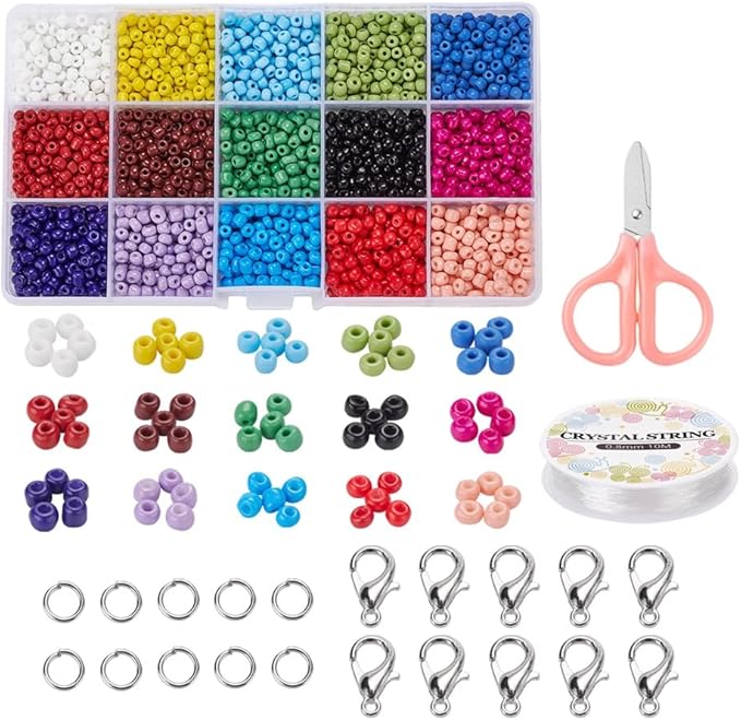 1950 Pcs 4mm Glass Seed Beads Bracelet Making Kit, Small Beads Friendship Jewelry Craft Kit with Lobster Clasps, Jump Rings & Elastic Cord, DIY Art Craft Gift for Girls
