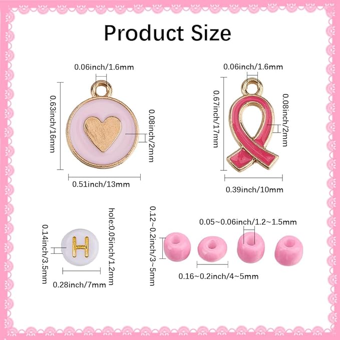 SUNNYCLUE 1 Box About 680Pcs DIY 6 Sets Breast Cancer Awareness Bracelets Pink Bracelet Making Kits Alphabet Ribbon Heart Letter Charms for Jewelry Making Kit Supplies Women Beginners Adult Starter