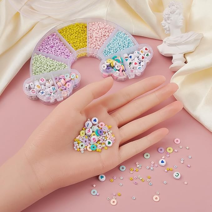 3185 Pcs Glass Seed Beads Bracelet Making Kit, Includes Glass Seed Beads, Flat Round Opaque White Acrylic Beads & Polymer Clay Beads with Elastic Cord, DIY Art Craft Gift for Girls