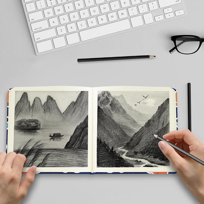 Square 4.8x4.8 inches 80gsm 96sheets/192 Pages Notebooks Blank Sketchbooks Travel Journal Pocket Hardcover Paint Writing Diary Memo Planner Cloth Cover. Line Ball Cat