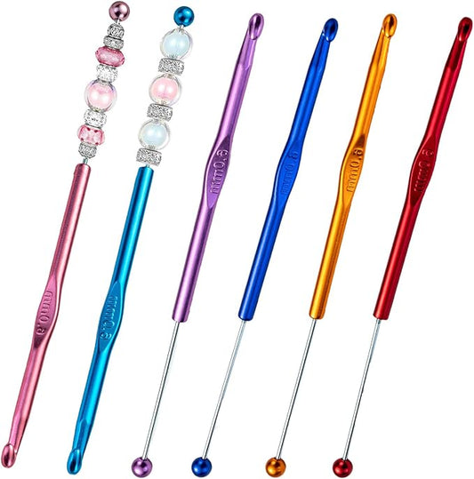 6 Pack DIY Beadable Crochet Hooks Knitting Needles Set Aluminum Handle for Focal Beads Colors (Blue Purple Red Orange Pink Light Blue, 6 mm)