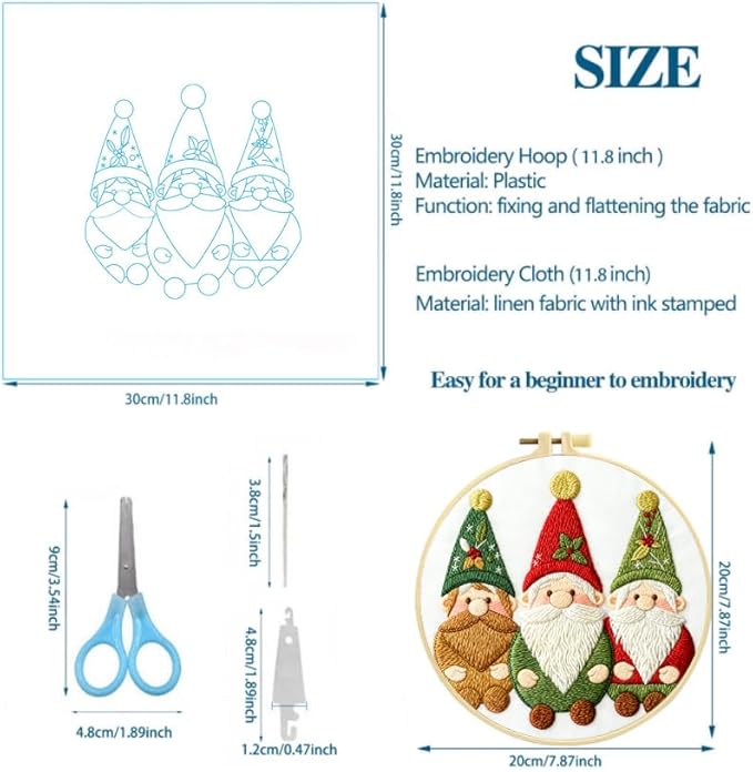 Zhenqing 3 Gnomes Embroidery Kit for Beginners - 29x29cm Printed Fabric, Hoop & Full Tools Included (C0028)