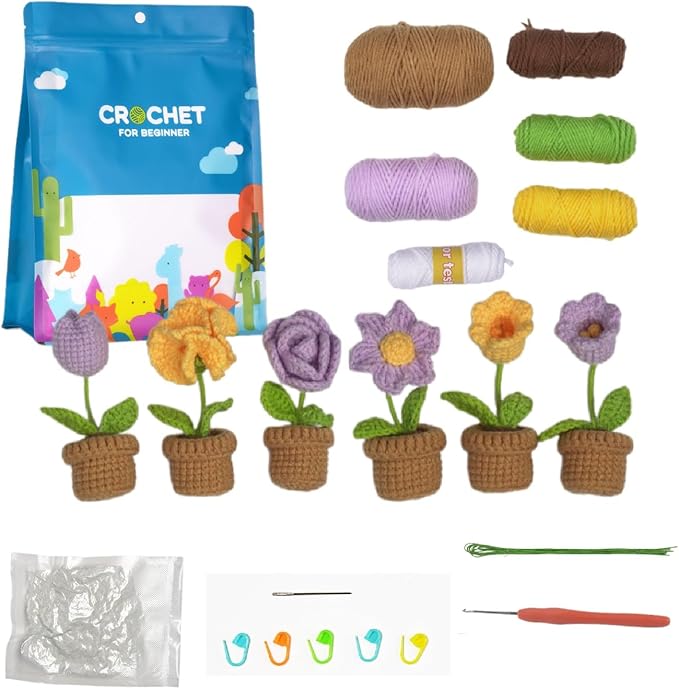 Crochet Set - Beginner Friendly Crochet Set with Step-by-Step Teaching Videos and Crochet Pattern Manuals (Purple Small Potted Plant)