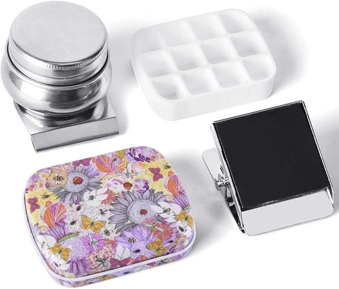 Portable Mini Tin Box 12-Well Empty Watercolor Palette Paint Mixing Tray is a Small Storage Travel Kit with Magnetic Clip and Oil Pot,Making it Perfect for Outdoor Sketching and DIY Painting.Insects