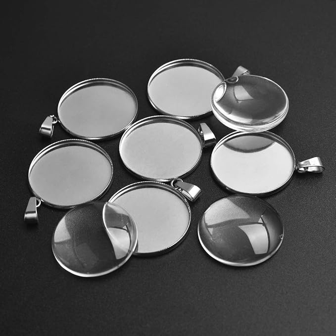 DROLE 60Pcs 25mm Stainless Steel Cabochon Tray Kit-30Pcs Bezel Pendant Blanks with Pinch Clip Clasp and 30Pcs 25mm Round Glass Cabochons for Jewelry Making DIY Crafts