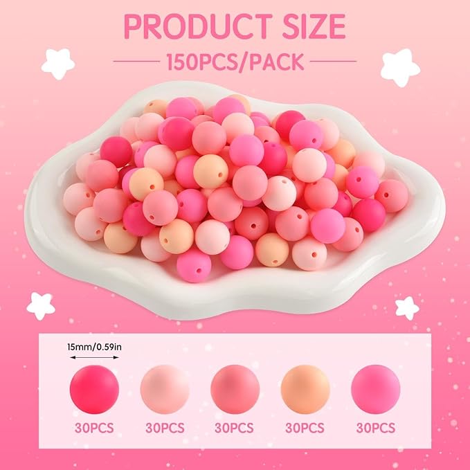 ZIFTY 150Pcs Silicone Beads for Keychain Making Kit 15mm Bulk Loose Round Rubber Silicone Focal Beads for Pens, Necklace Bracelet Making Kit, Jewelry, Art, Crafts, DIY(Pink)