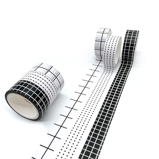 Basic Washi Tape Set 12 Rolls Dot & Grid Decorative Tapes for Journals, Planners, Scrapbooking, Gift Wrapping, DIY Crafts