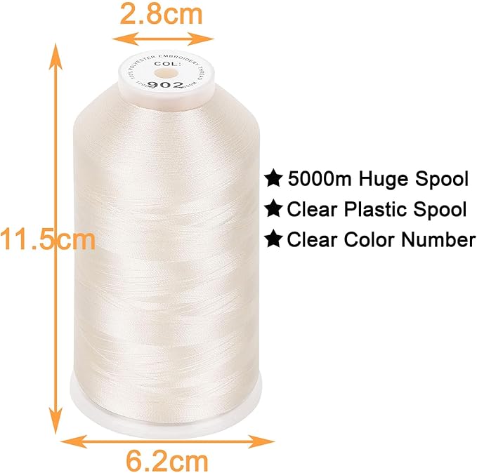 New brothread - 2 Huge Spools 5000M Each Polyester Embroidery Machine Thread 40WT for Commercial and Domestic Machines - Ivory