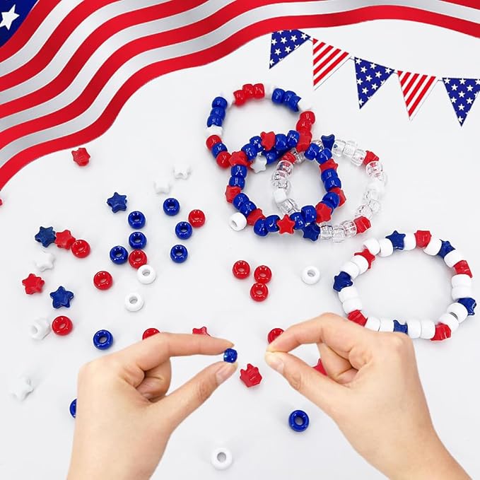 MIIIM 1000PCS 6x9mm Patriotic Pony Beads Bulk, 7 Styles Red White and Blue Kandi Beads for Bracelets Making Kit, Hair Braids Crafts for Jewelry Making (4th of July)