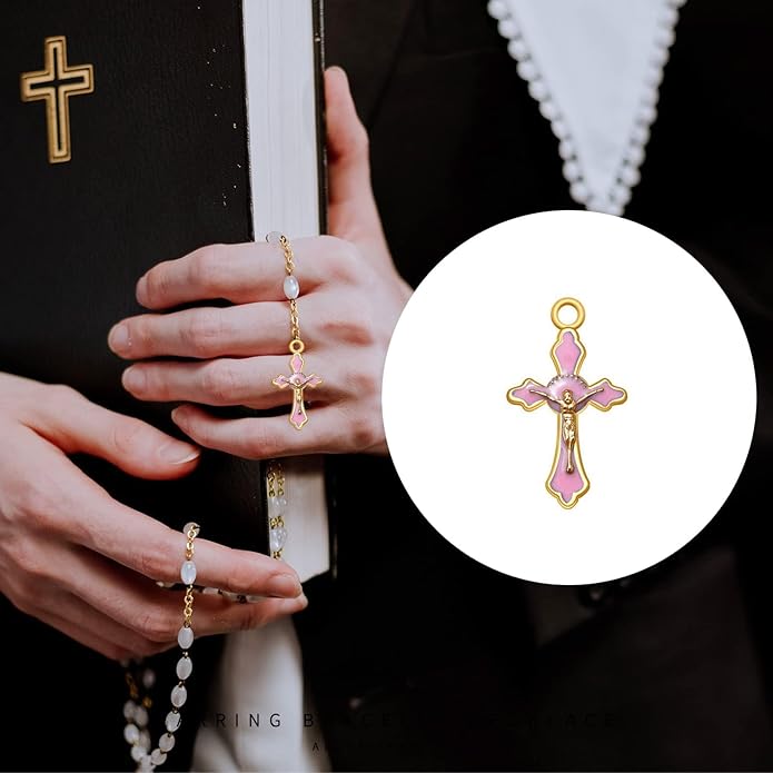 48Pcs/24Sets Rosary Making Kits Supplies Cross and Center Medal Charms Alloy Enamel Rhinestones Virgen de Guadalupe Charm Pendant for Diy Catholic Prayer Necklace