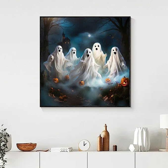 Yezavesu Halloween Diamond Art Kits for Adults, Ghost Diamond Painting Kit for Beginners, Pumpkin 5D DIY Round Full Drill Painting with Gem Art Craft Kits for Home Wall Decor 14x14 Inch