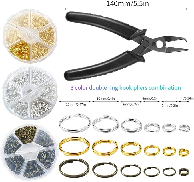 FSWCCK Split Jump Rings for Jewelry Making, 2070 Pcs Assorted Double Split Jump Ring Pliers, Mini Metal Ring Pliers Connectors 4mm to 12mm and DIY Crafts,Silver,Gold and Bronze