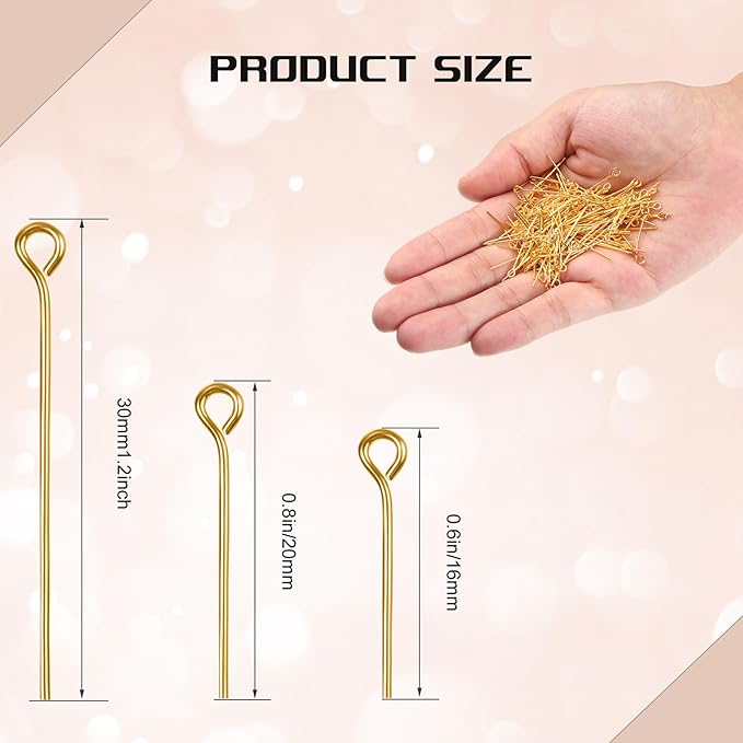 Junkin 1400 Pcs Eye Pins Mix Jewelry Findings 0.63 * 0.79 * 1.18 in Open Eye Head Pins Findings for Jewelry Making DIY Necklace Bracelets(Retro Gold)
