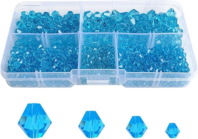 Aquamarine Bicone Glass Beads for Jewelry Making, Faceted Crytal Spacer Beads for Bracelet Necklace Earring (3mm 4mm 6mm 8mm Mixed Sizes, 1040pcs)