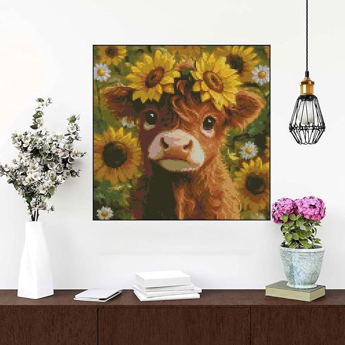 stamping cross stitch kit highland cow, counting cross stitch kit for adult beginners sunflower, cow full line diy cross stitch stitching kit for home decor cross stitch patterns 13.7x13.7 inches