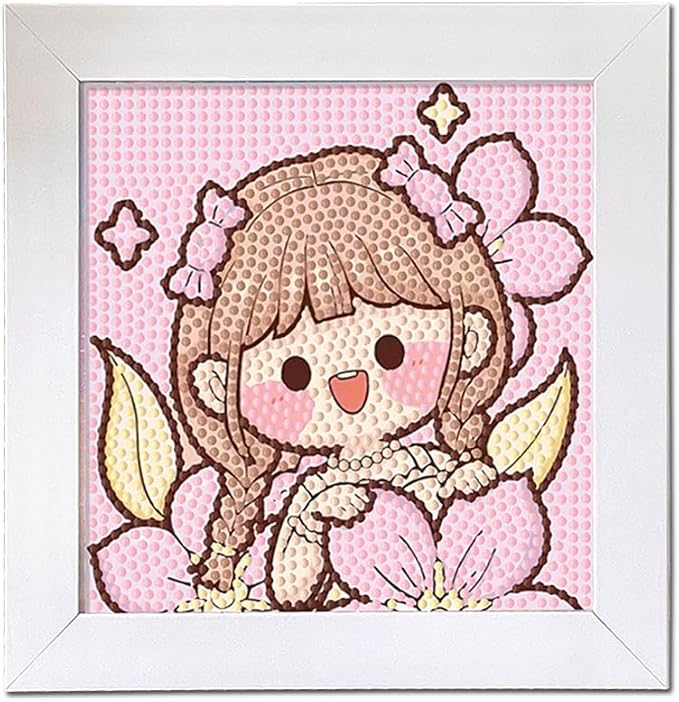 PERFECTSIGHT Cute 5D Diamond Art Kits with Wooden Frame, Kawaii DIY Painting Art for Adults, Diamond Arts and Crafts Sets, Big Gem Full Drill Diamond Dots for Women Biginners (Pink Girl)