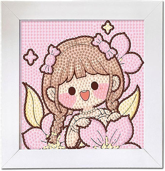 PERFECTSIGHT Cute 5D Diamond Art Kits with Wooden Frame, Kawaii DIY Painting Art for Adults, Diamond Arts and Crafts Sets, Big Gem Full Drill Diamond Dots for Women Biginners (Pink Girl)