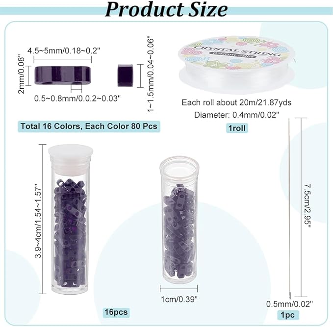 NBEADS About 1280 Pcs 16 Colors 2-Hole Beads, 2-Hole Rectangle Glass Seed Beads with Elastic Thread, Big Eye Beading Needles for Bracelet Necklace Earring Jewelry Making