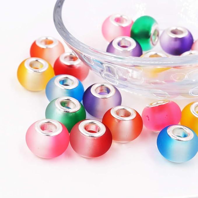 AIPRIDY 100Pcs 15x11mm Painting Murano Large Hole Glass Beads Mix Color with Silver Brass Cores European Charm fit Bracelet Necklace (Rubber Effect Bicolor)