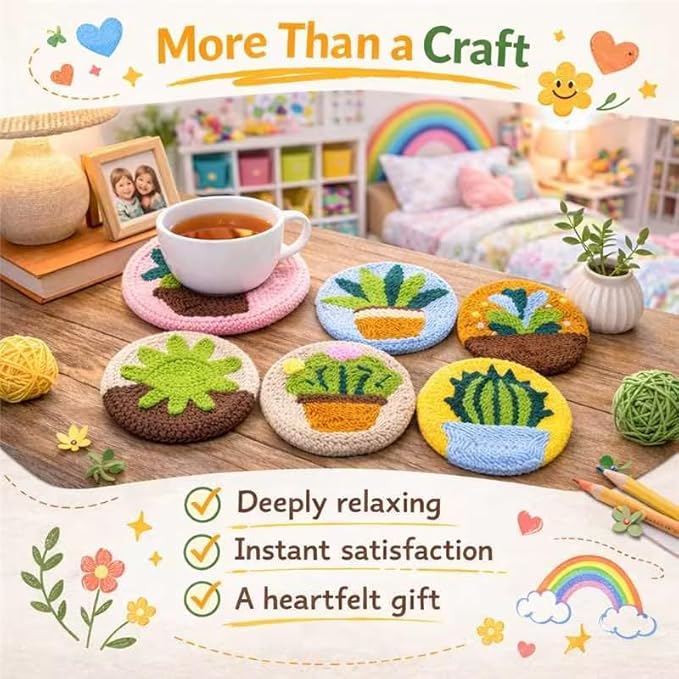Punch Needle Coaster Kit for Adults Beginners, Easy Punch Embroidery Starter Set with Instructions – Fun Mug Rug Making Kit for Table Decor & Festival DIY Gifts (6pcs Succulent Plants)