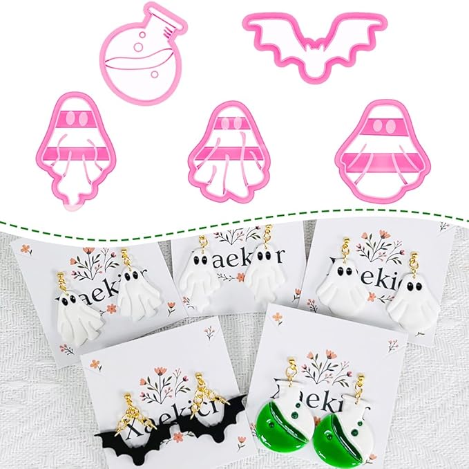 Xaekicr 5 Pcs Halloween Polymer Clay Cutters Set – Ghost, Bat, Potion Bottle Clay Earring Cutters for DIY Jewelry Making – Clay Tools for Polymer Clay Molds